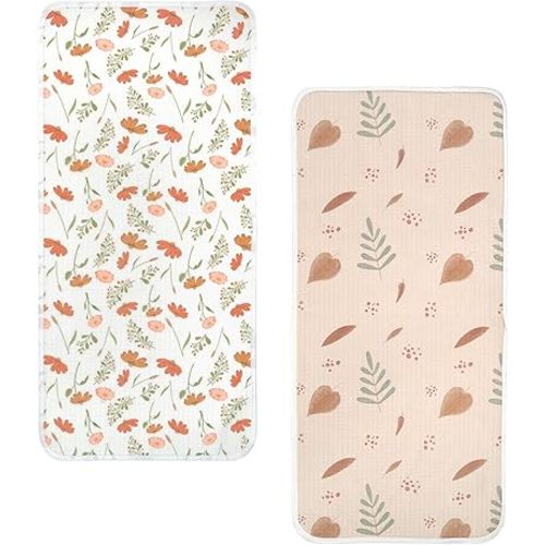 haakaa Waterproof Changing Pad Liners, 100% Cotton, Soft & Breathable (2pcs, 13" x 27.5" Velvet Bloom+Love Leaves)