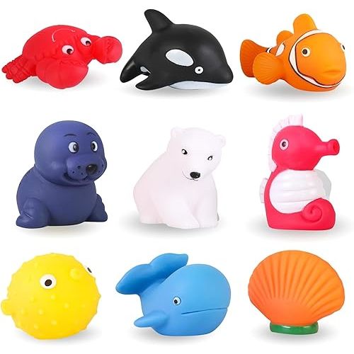 XY-WQ Bath Toys No Hole, for Infants 6-12& Toddlers 1-3, No Hole Bathtub Toys (Sea Animals, 9 Pcs with Mesh Bag)