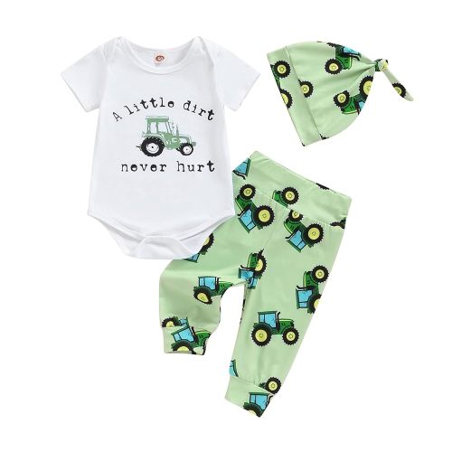 Newborn Baby Boy Farm Outfits Letter Print Romper + Pants + Hat 3PCS Cute Infant Boy's Clothes Set