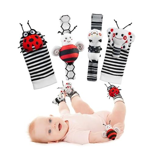 Infinno Wrist Rattles and Foot Finder Socks Set, Baby Toys for 0-12 Months | Soft crinkle textures, encourages reaching and kicking, garden bug characters, newborn shower gift, boys and girls