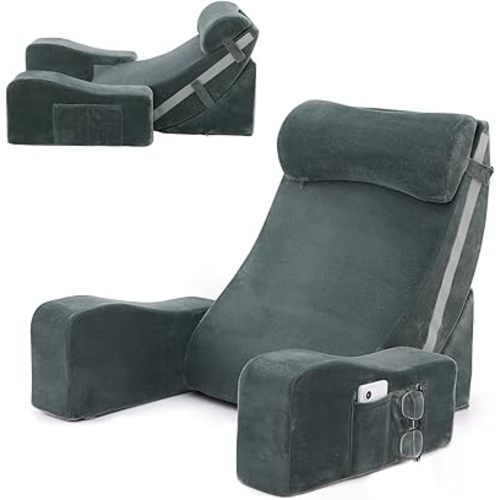 Sasttie Reading Pillow with Armrests, 15–25 Inch Adjustable Back Support Pillow for Bed Sitting Up, Memory Foam Back Rest Cushion Bed Chair for Reading, Gaming & Relaxing, Dark Grey