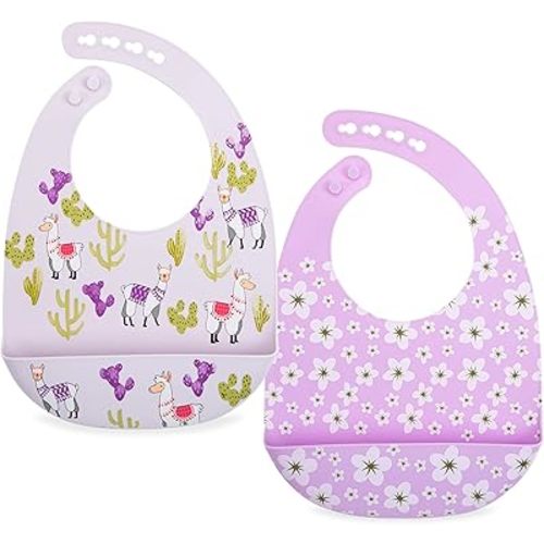 Nuby 2 Pack Adjustable Easy Clean Soft Silicone Bibs with Scoop, Flowers & Llama