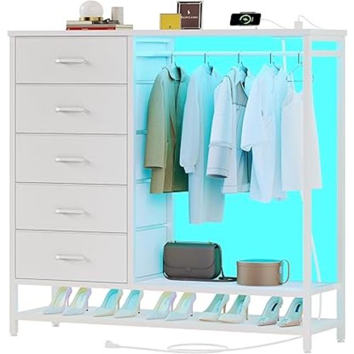 Dresser for Bedroom, Dresser with Hanging Rack Led Lights and Charging Station, White Bedroom Dresser with 5 Fabric Chest of Drawers with PU Finish Storage Organizer, for Living Room Hallway, White