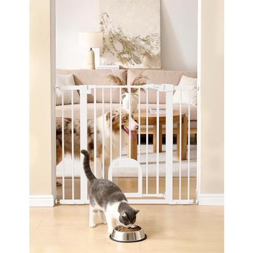 Babelio 36" Tall Upgraded Baby Gate with Cat Door, CatPrivilege Ⅲ, Auto Close Durable Dog Gate for Stairs, Doorways and House, Easy Walk Thru Safety Gate with Pet Door Includes 4 Wall Cups, White