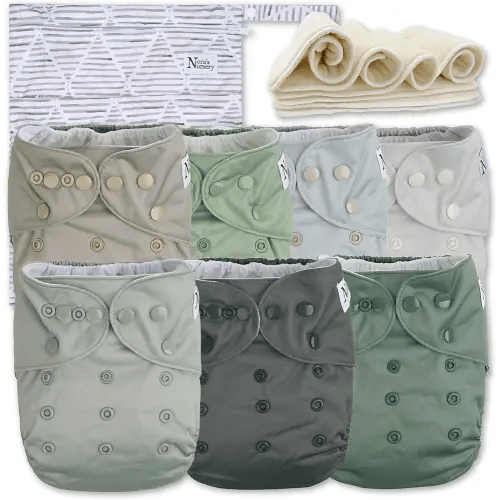 Nora's Nursery Morning Dew Cloth Diapers 7 Pack with 7 Inserts & 1 Wet Bag - Waterproof Cover, Washable, Reusable & One Size Adjustable Pocket Diapers for Newborns and Toddlers