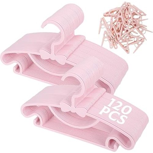120 Pack Pink Baby Hangers with 30 Clothespins, Cute Plastic Hangers with Bow for Toddler Clothes Non-Slip Ultra Thin Small Coat and Pants Drying Hangers for Nursery, Closet, Laundry