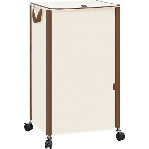 STORAGE MANIAC Rolling Laundry Hamper with Lid, 23.7 Gal (90 L) Large Tall Laundry Basket with Wheels & Handles, Aesthetic Dirty Clothes Hamper for Small Space, Dorm, Apartment, College, Beige