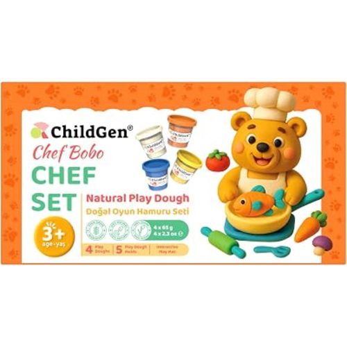 ChildGen Paw Pals Play Dough Set – Natural Non-Toxic Sensory Dough for Kids, 4 Colours with 5 Moulds & Themed Play Card, Safe Creative Toy for Toddlers (Chef Set)