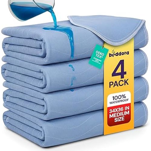 Beddora Washable Underpads 4 Pack, Heavy Absorbent Reusable Incontinence Pads for Kids, Adults, Elderly, and Pets, Waterproof Diaper Changing Liquid, Urine & Accidents Blue