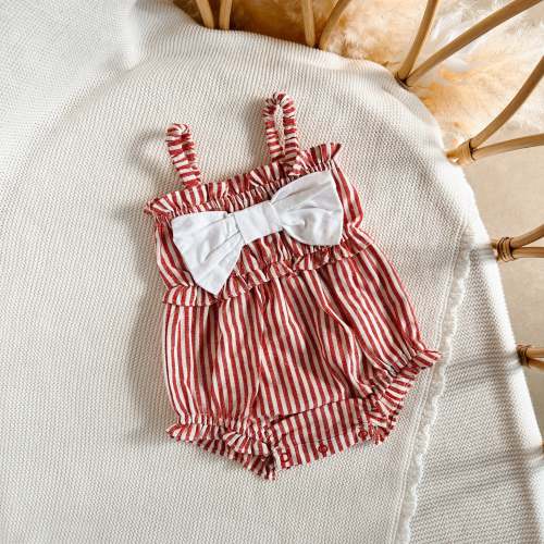 Candy Stripe Bow Romper - Red 0-3 months