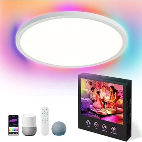 16 Inch Smart Ceiling Light RGB Work with Alexa, Remote Control, WiFi and Tuya App - Color Changing Low Profile Dimmable LED Flush Mount Light Fixture for Bedroom, Living Room, White