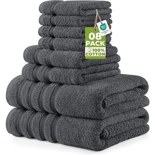 Utopia Towels 8 Pack Towel Set, 2 Bath, 2 Hand, 4 Wash Cloth, Grey