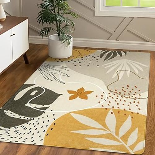 Lahome Boho Living Room Rug - 4x6 Washable Non-Slip Soft Area Rug for Bedroom, Ultra-Thin Throw, Tan Botanical Print Indoor Modern Floral Carpet for Entryway, Office, Kitchen, Nursery