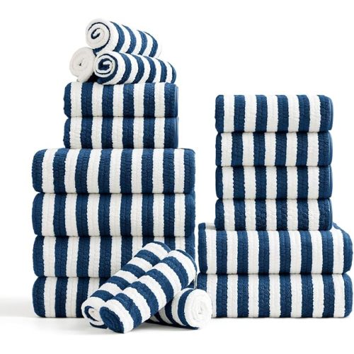 18-Piece Microfiber Bath Towels Set - 6 Bath Sheet, 6 Hand Towels, 6 Washcloths, Soft, Highly Absorbent Bathroom Towel, Quick Dry & Less Lint Shower towel for Bathroom, Hotel, Spa, Dorm-Blueberry
