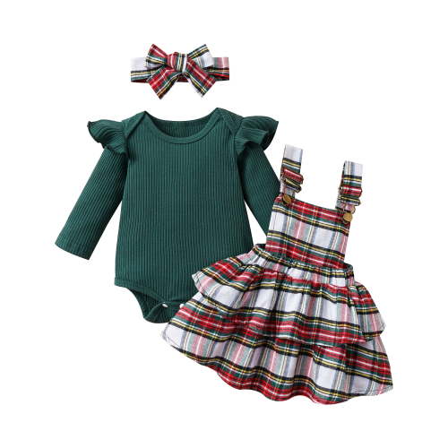 Okbabeha Newborn Baby Girl Christmas Outfit 0 3 6 9 12 18Months Ruffled Long Sleeve Romper Onesie+Buffalo Plaid Suspender Skirt Headband Clothes Set