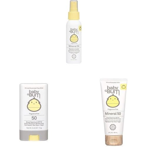 Sun Bum Baby Bum SPF 50 Sunscreen Spray | 3 FL OZ & Baby SPF 50 Sunscreen Stick, 0.45 Oz & m SPF 50 Sunscreen Lotion | Mineral UVA/UVB Face and Body Protection, 3 FL OZ