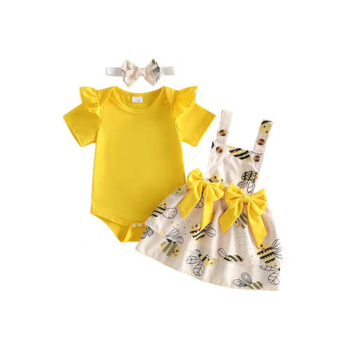 BemeyourBBs Newborn Baby Girls Summer Clothes Cute 3Pcs Infant Baby Girl Bee Outfits Short Sleeve Romper Bee Print Overall Dress Headband Set