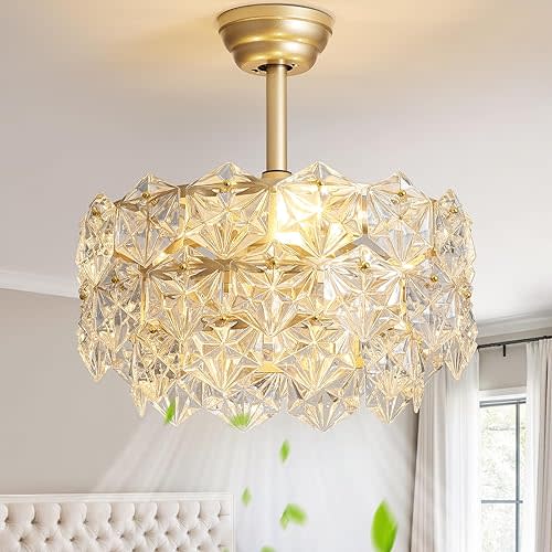 20" Gold Crystal Fandelier Ceiling Fan with Light, Mid-Century Chandelier Ceiling Fan with Light Remote Control, 6 Speeds for Bedroom, Nursery, Living Room