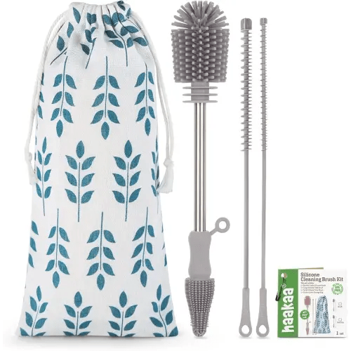 haakaa Silicone Cleaning Brush Kit - SUVA Grey - Bottle Brush for Breast Pumps, Breast Milk Collector, Baby Bottles, Nipples, Breastmilk Storage Bags