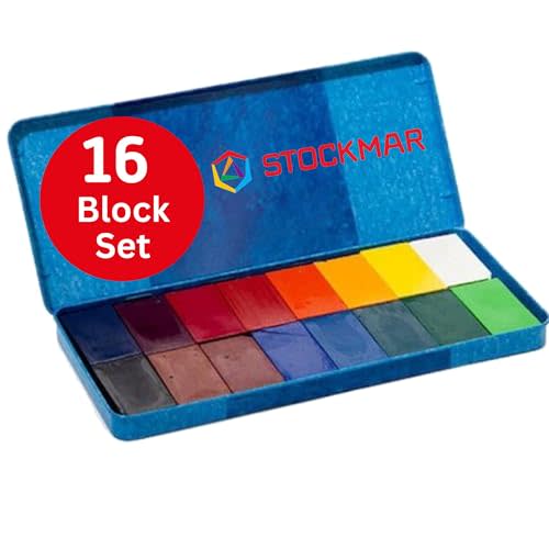 STOCKMAR Wax Block Crayons, 16 Assorted Colors in Tin Case – Beeswax-Based Art Crayons with Lightfast Pigments, Durable Blocks for Artistic Techniques, Drawing, Coloring, Layering - Artist Supplies
