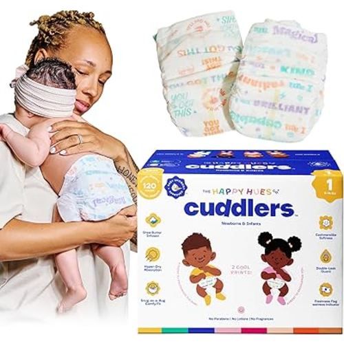 Happy Hues Cuddlers Disposable Diapers Size 1,8–14 lbs–Baby Diapers with Shea Butter, Wetness Indicator &Leak Protection–Ultra-Soft Unisex Newborn &Infant Diapers with Full Coverage,120 Count