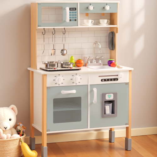 Hisoft Play Kitchen for Kids Wooden Kitchen Toy Playset, Sounds & Light, Chef Pretend Play Set with Microwave, Oven, Coffee Machine, Ice maker,Toy Kitchen Set for Toddlers with Clicking Knobs, Gray