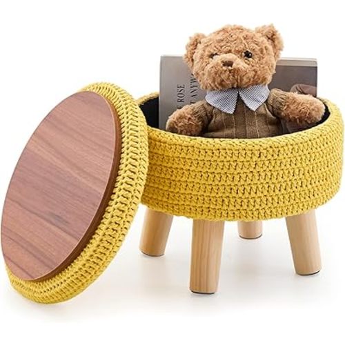 Wimarsbon Pouf Ottoman, 100% Cotton Knitted Boho Footstool, Round Footrest with Non-Skid Wood Legs, Home Décor Handmade Pouffe, Leisure Floor Step Stool for Living Room (Storage Yellow)