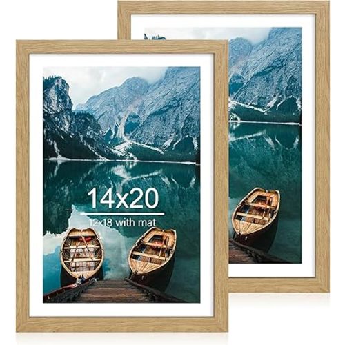 14x20 Picture Frame Set of 2, Natural Oak Wood Style - Display 14 x 20 Picture without Mat or 12x18 Picture with Mat, Wall Mounting Horizontal and Vertical
