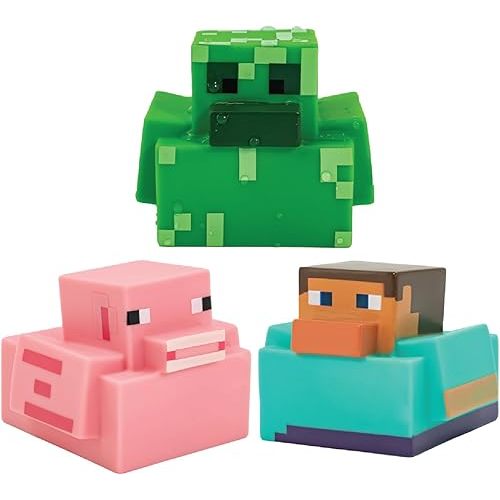 Paladone Minecraft Rubber Duckies, Set of 3 Minecraft Bath Ducks, Creeper Pig and Steve Bath Toys, Funny Jeep Ducks