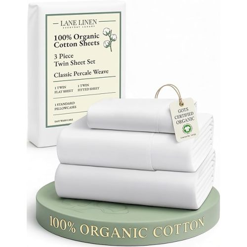 LANE LINEN 100% Organic Cotton Twin Sheets Set, 3Pc Twin Bed Sheets, Soft & Comfy Breathable Cotton Percale Sheets for Twin Size Bed, Dorm Room Essentials Low Pill Fade Resistant White Sheets
