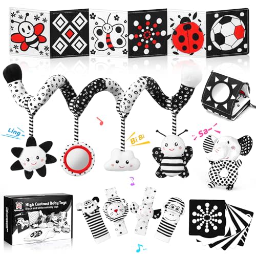 Newborn Toys,High Contrast Black & White Baby Toys 0-6 Months with Sensory Cards & Rattle, Essential for Brain Development, Tummy Time & Car Seat Toys for 0 2 4 6 Month Old