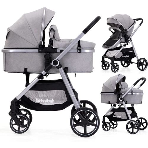 2-in-1 Baby Stroller - Folding Infant Newborn Pram Stroller with Reversible Seat - Toddler Strollers for 0-36 Months Old Babies (Grey)