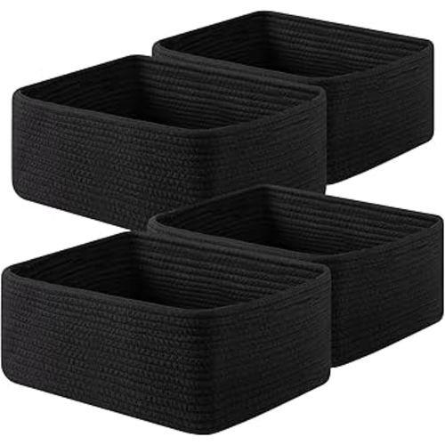 OIAHOMY 4 Pack 14.17 * 11.02 * 6.3IN Storage Baskets for Organizing Shelves, Woven Rope Baskets for Organizing Books, Clothes, Decorative Basket for Living Room, Nursery, Bedroom, Gift Basket, Black