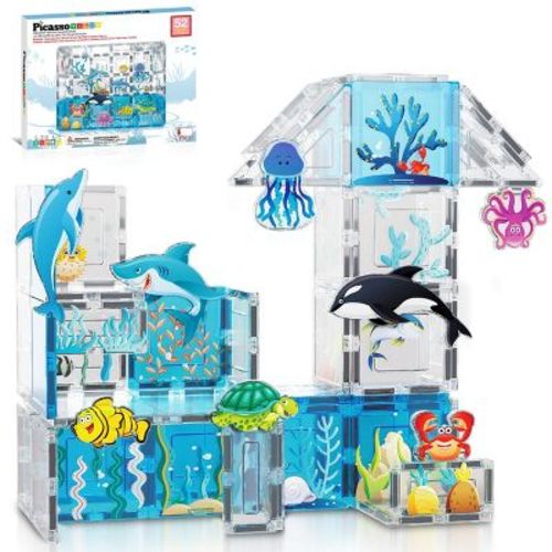 PICASSO-TILES Magnetic Tiles for Kids – Marine Animal Theme 52PCS STEM Construction Building Blocks Educational Toy