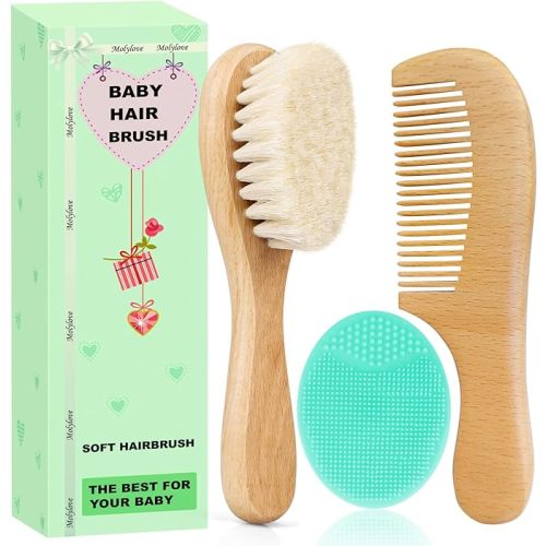Baby Hair Brush with Wooden Handle and Comb Set for Newborns & Toddlers | Natural Soft Goat Bristles l Wood Comb l Green Cradle Cap Brush | Ideal for Cradle Cap (3 Piece)