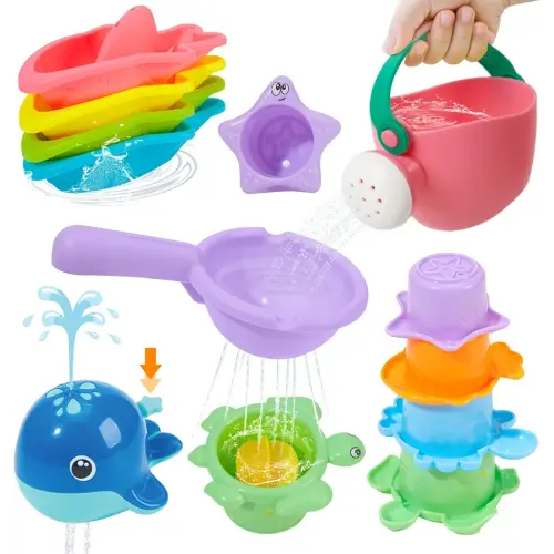 Mold Free Bath Toys, 11PCS | Safe Easy Clean & Fun Floating Boats & Spoon & Watering Can and Whale Bath Toy for Babies 12+ Months | Colorful Bathtub Pool Water Table Sand Toys for Babies and Toddlers