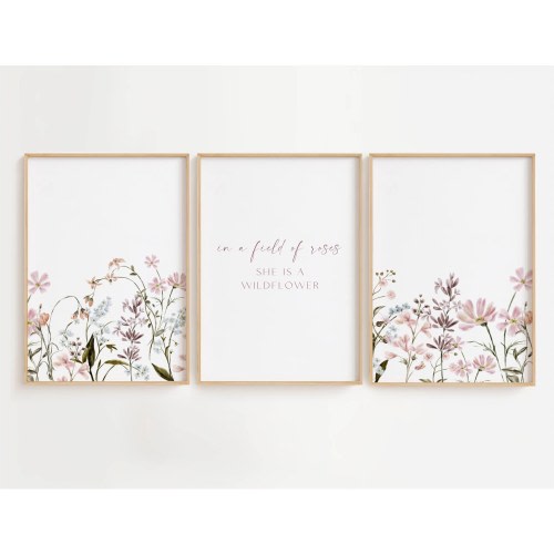 Girl Nursery Wall Art with Flowers and Nursery Quote | In a Field of Roses She is a Wildflower | Baby Room Wall Decor | Baby Shower