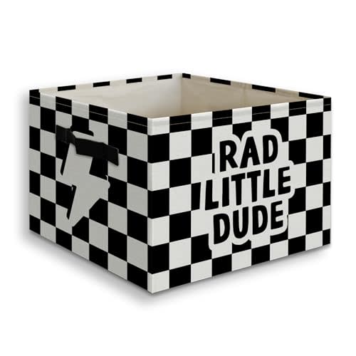 Rad Little Dude Boy Basket Foldable Storage Bins Box with Handles, Black and White Checkered Collapsible Organizer Basket for Kids Boys Bedroom Bathroom Nursery Playroom Clothes Toys Books
