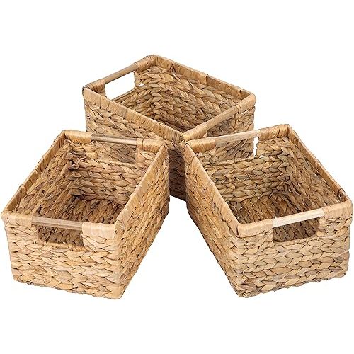 Natural Water Hyacinth storage basket with Handle, Rectangular Organizing Basket for Organizing, Decorative Wicker Storage Bins for Living Room, Medium Wicker Baskets - 3 Pack Medium