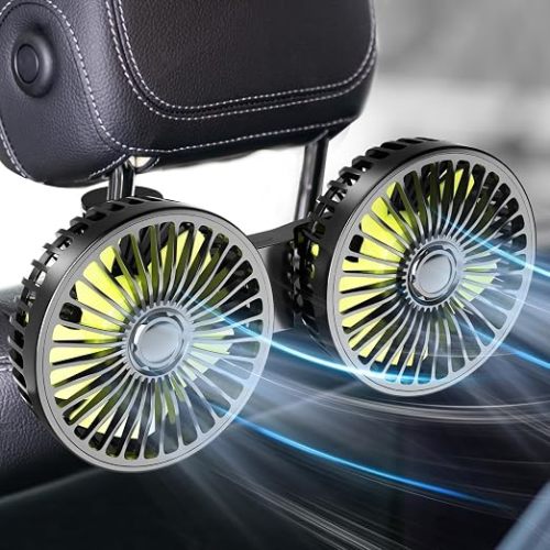 Dealswin Car Fan for Backseat kids, Dual Head USB Car Seat Fans, 360° Rotatable Strong Wind Rear Headrest CarFan for Baby, Air Circulation Fan with Adjustable Clip for Vehicles SUV RV