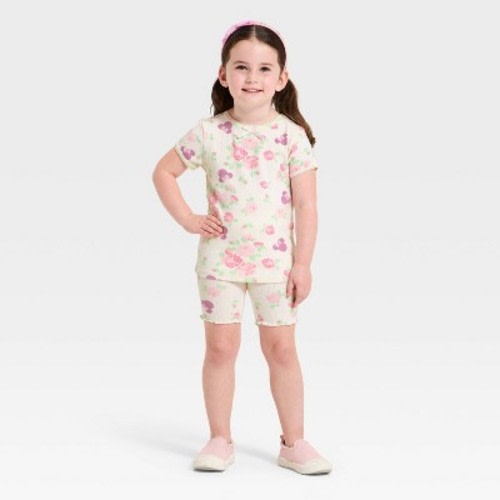 Toddler Girls' 2pc Disney Minnie Mouse Pointelle Ribbed T-Shirt & Shorts Set - Ivory 12M