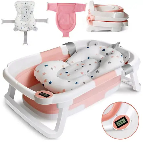 Topchances Folding Baby Bathtub, Pink, Collapsible Design, Thermometer, 25x17x8 inches