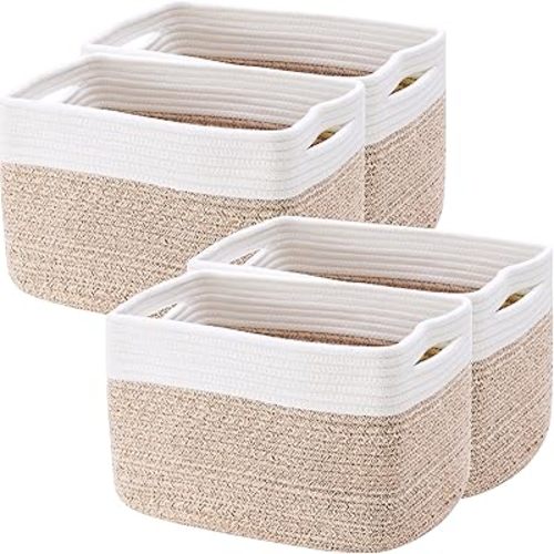 Set of 4 Rope Basket for Shelves Woven Rectangle Storage Basket Bins for Nursery Toy Storage for Baby Girl