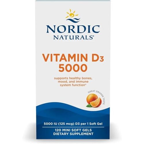 Nordic Naturals Vitamin D3 5000, Orange - 120 Mini Soft Gels - 5000 IU Vitamin D3 - Supports Healthy Bones, Mood & Immune System Function - Non-GMO - 120 Servings