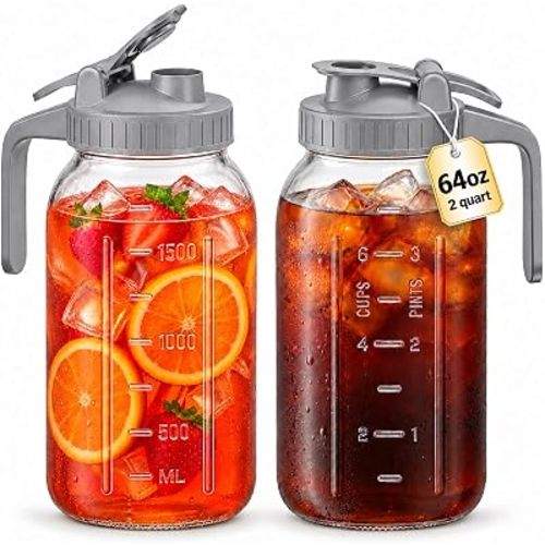 64 oz Mason Jar Pitcher, Glass Pitcher with Lid for Sun Tea & Iced Tea