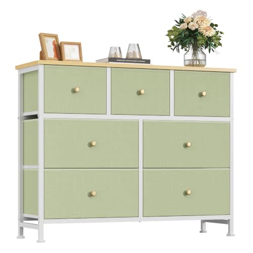 Fabric Dresser for Bedroom with 7 Drawers, Chest of Drawers | Wood Top and Metal Frame Organizer for Clothes, Closet, Entryway, Hallway, Livingroom Furniture, Light Green