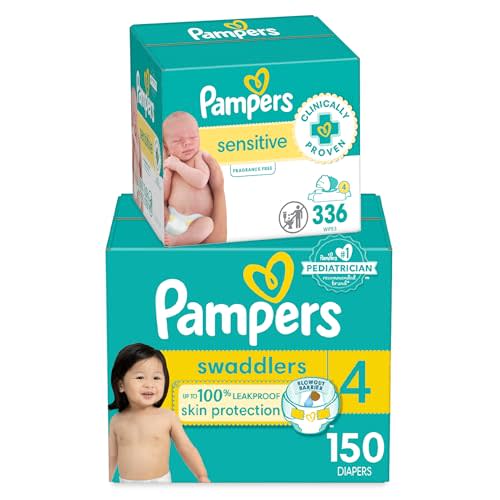 Pampers Swaddlers Disposable Baby Diapers Size 4, One Month Supply (150 Count) with Sensitive Water Based Baby Wipes 4X Pop-Top Packs (336 Count) [Packaging May Vary]
