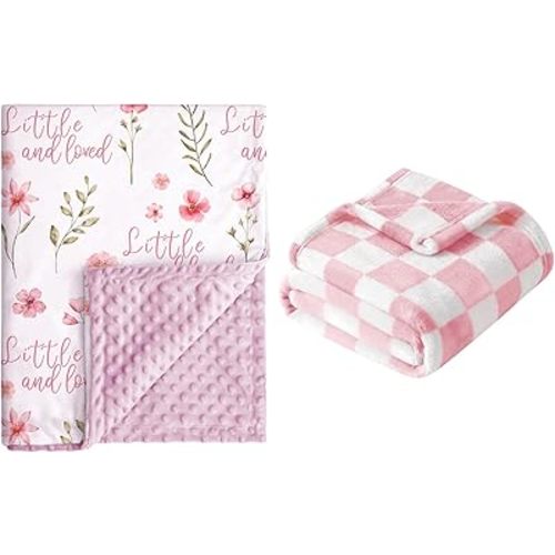 Soft Throw Blanket for Baby - Ultra Cozy Fluffy Checkered Fleece, Crib & Stroller Receiving Blanket for Newborn Infant Toddler Boys (Pink Floral/Checkered)