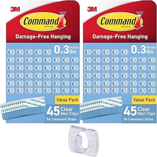 Command Indoor Mini Light Clips, Damage Free Hanging Christmas Light Clips, Mini Wall Clips for Hanging Indoor Christmas Decorations, Lights and Cables, 90 Clear Clips and 108 Strips