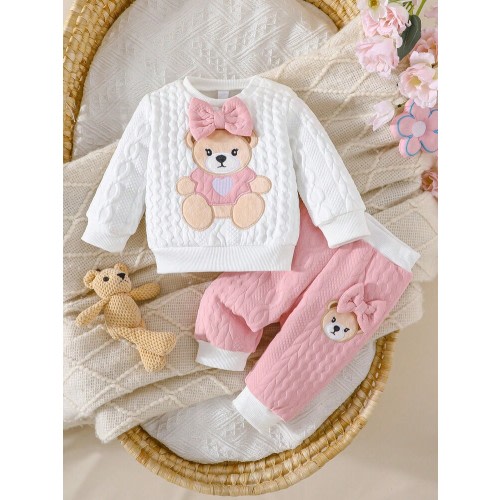 Newborn Baby Girls Cute Bear & Bow Flocked Embroidered Long Sleeve Top And Contrast Color Simple Long Pants 2 Pieces Outfit | SHEIN USA